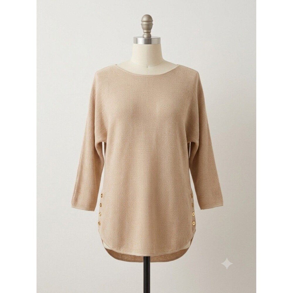 Michael Kors Womens XL Beige Beige Waffle Knit Tunic Sweater Gold Side Buttons